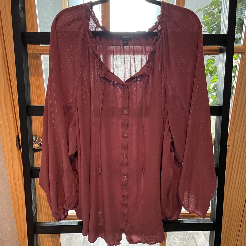 TORRID Walnut striped rose peasant top!